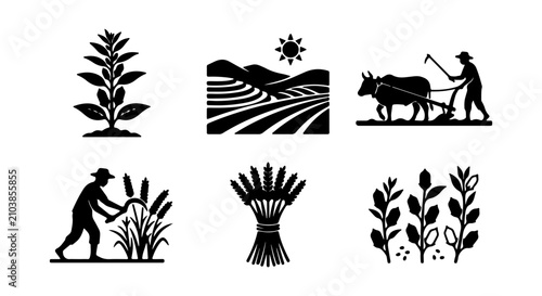 Schilderij op canvas Rural Farming Icons, Agricultural Scenes, Vintage Farm Life, Silhouette Set