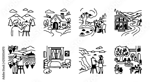 Fotografie Artist Painting Landscapes, Homes, Gardens, Seascapes, 8 Icon Set, Line Art