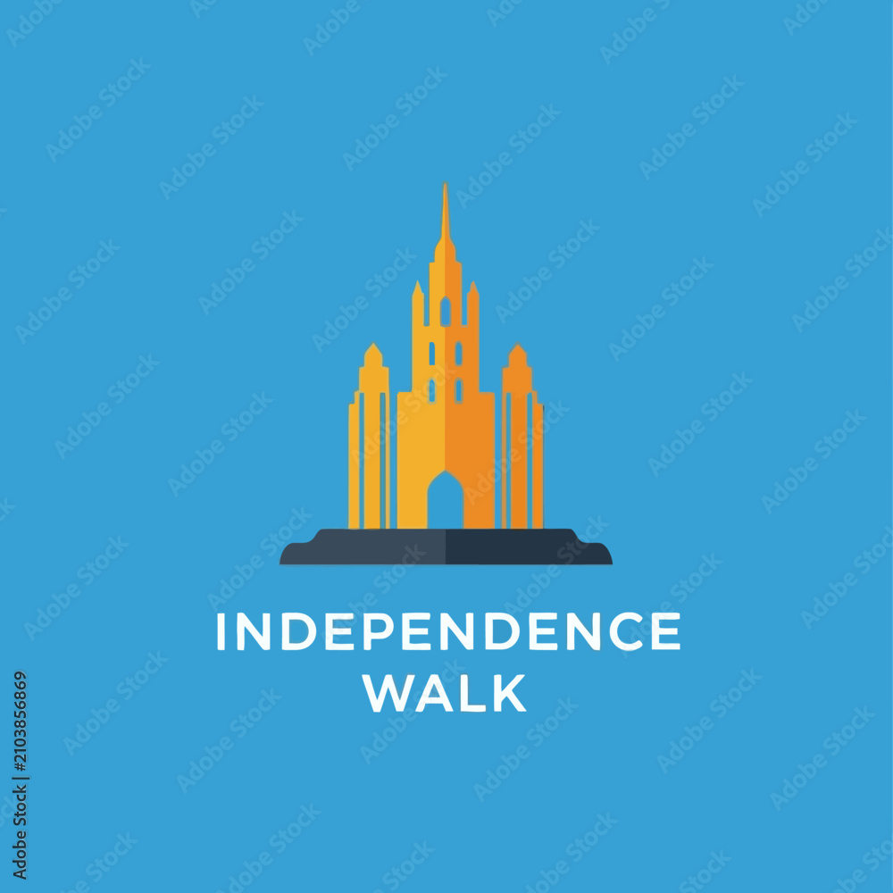 Fototapeta premium Yellow monument illustration with towers on a black base, blue background, white text reading 'INDEPENDENCE WALK' below the structure, centered layout.