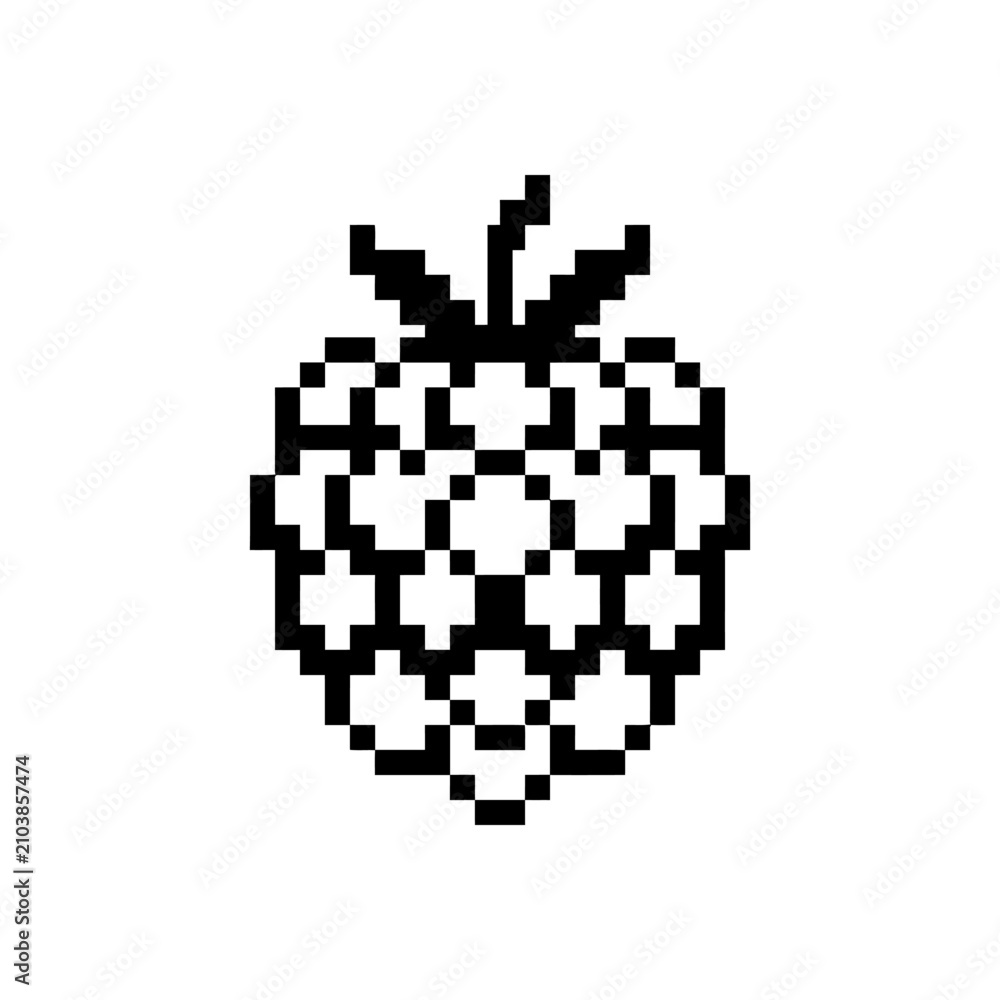 Fototapeta premium Black and white pixel art raspberry graphic.