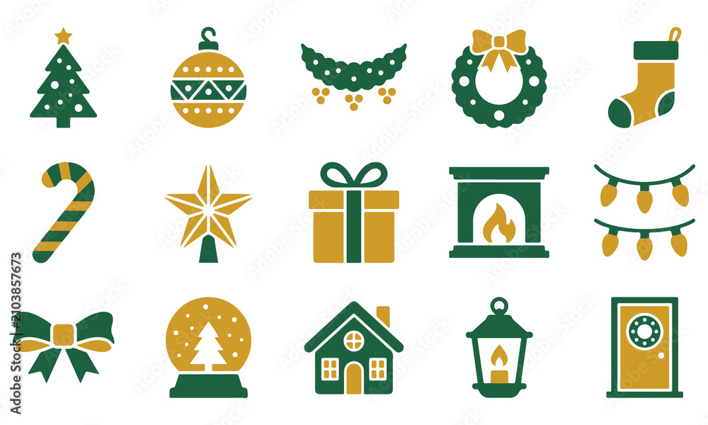 Fototapeta premium Set of christmas icons including tree, ornament, wreath, stocking, candy cane, star, gift, fireplace, lights, bow, snow globe, house, lantern, and door