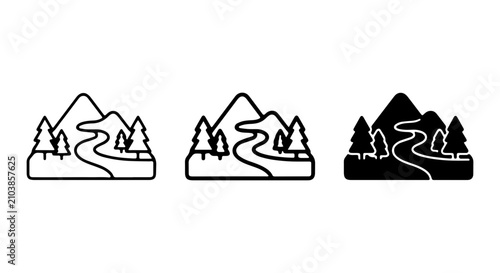 Mountain Landscape Icons, Nature Scene Vector Graphics, Outdoor Adventure Symbols, Simple Design Elements