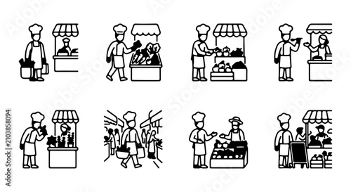 Schilderij op canvas Chef at Market Stall, Food Vendor Scenes, Grocer Transactions, Fresh Produce Sal