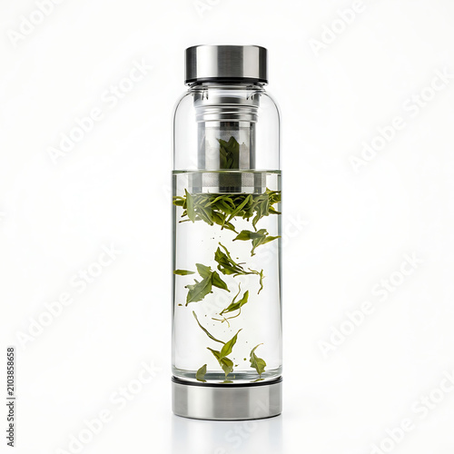 Minimalist glass tea infuser bottle mockup on white background