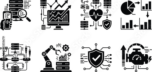 Data center server monitoring cybersecurity network optimization and industrial analytics icons set vector collection