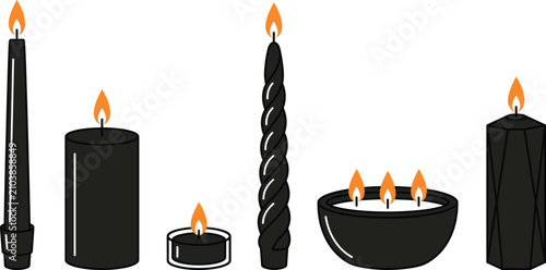 Foto Vector set of burning black candles in various shapes and holders isolated on a