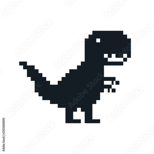 Black pixel art Tyrannosaurus Rex dinosaur silhouette.
