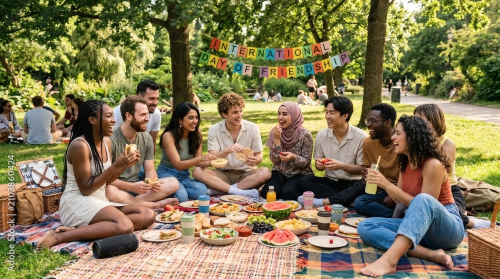 Fototapeta premium Diverse friends celebrating International Day of Friendship with park picnic