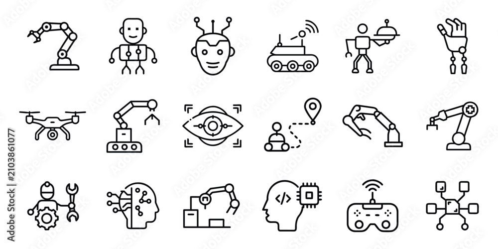 Fototapeta premium Robotics automation engineering icon set line outline UI UX symbol pictogram