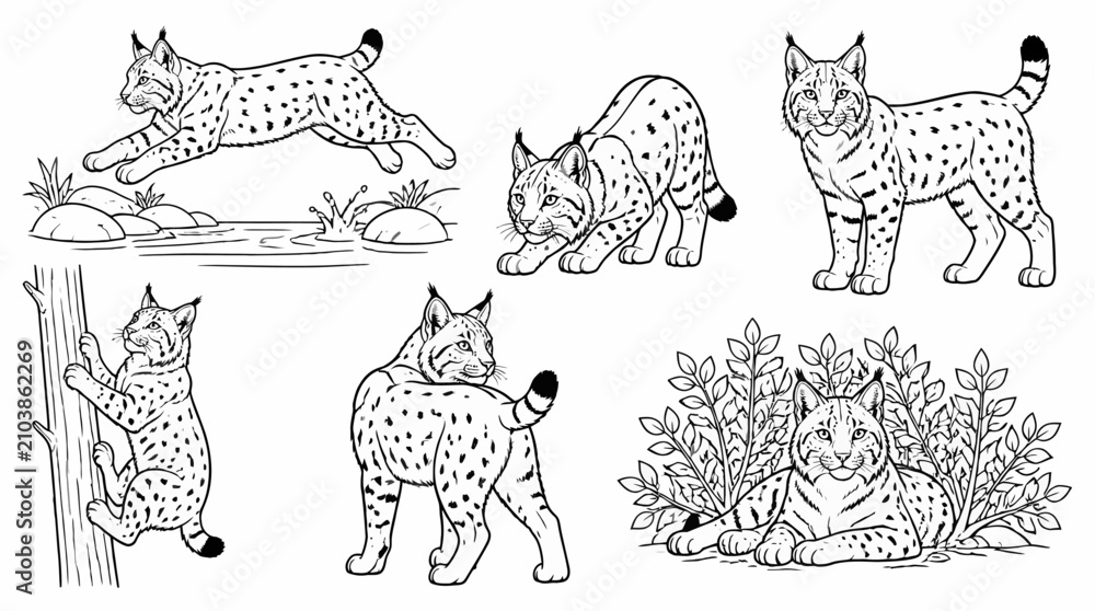 Obraz premium Set of lynx illustrations in various poses, wild cat line art