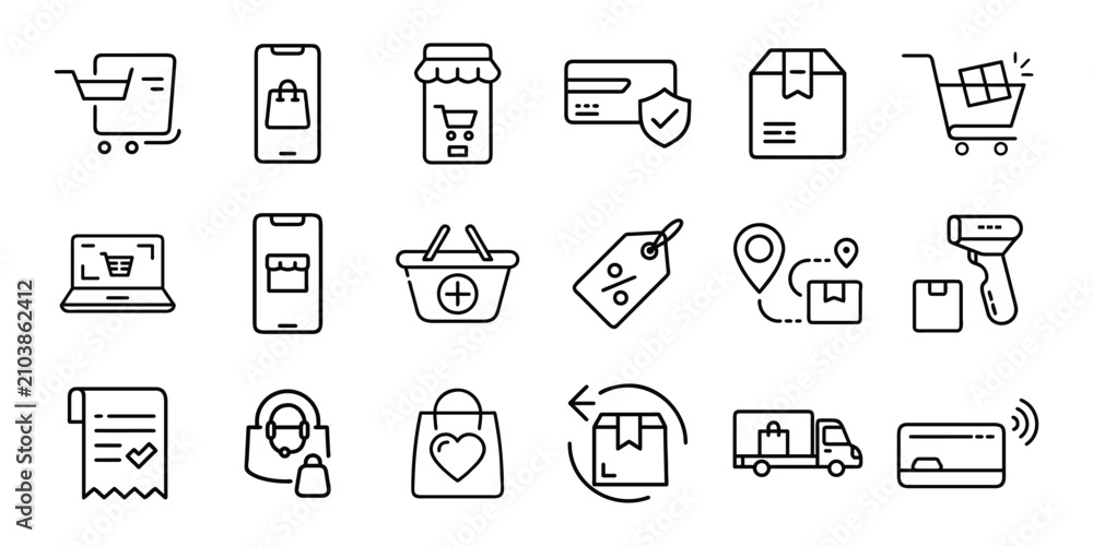 Fototapeta premium Shopping and e-commerce icon set line outline collection interface UI UX symbol