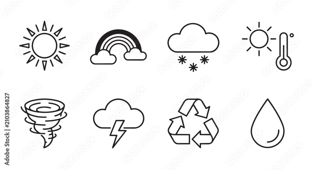Obraz premium Weather and climate conditions line icon collection depicting nature phenomena with temperature thermometer lightning