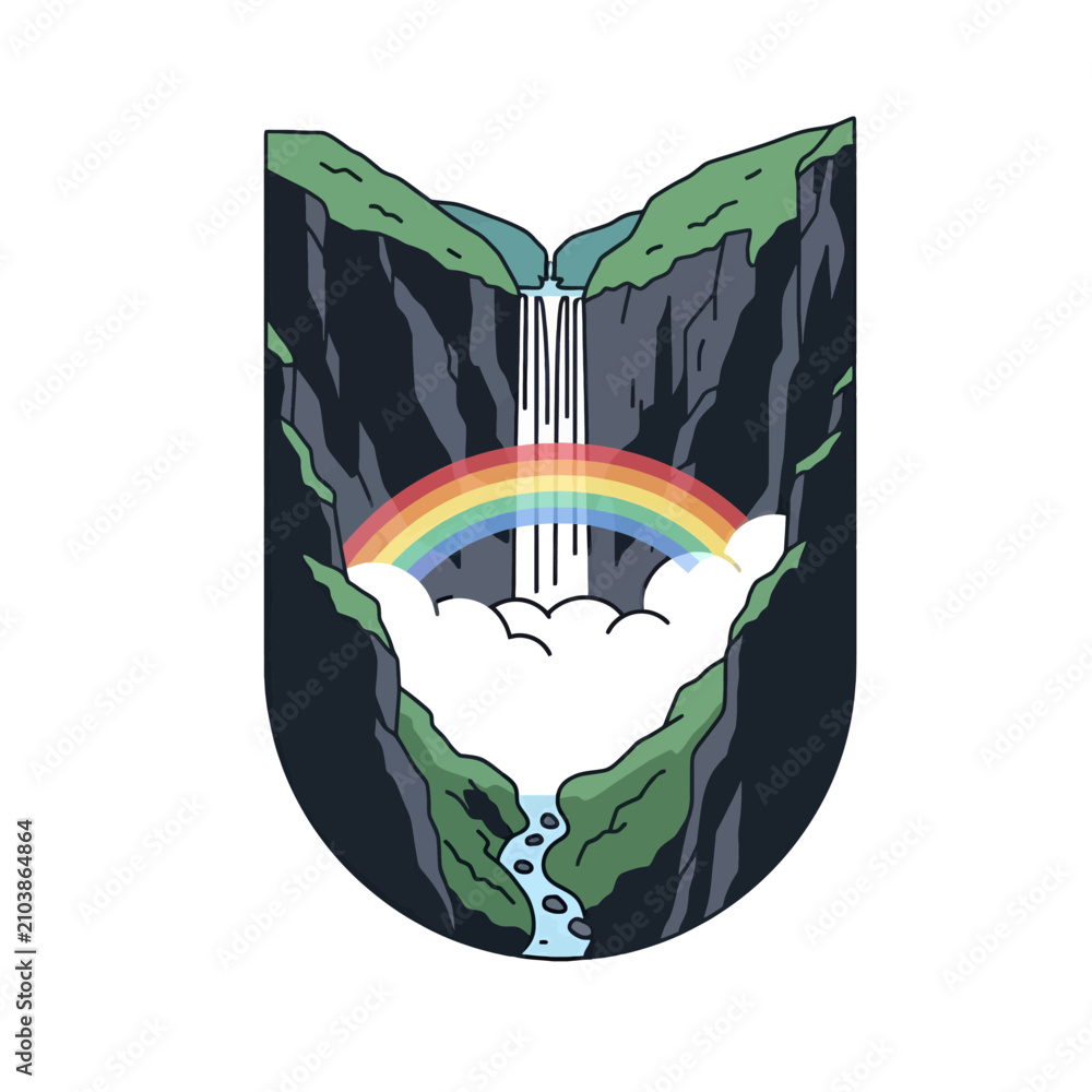 Obraz premium A stylized illustration of a waterfall flowing between two steep rocky cliffs