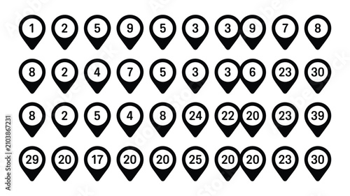 Numbered location pin icons for map marker navigation, destination tracking, route planning, geographic positioning, and digital mapping applications