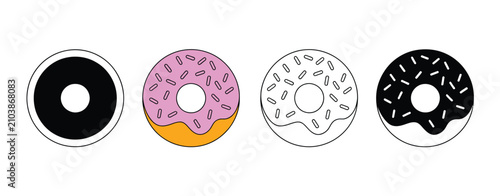 Photography Donut vector set featuring airy fresh glazed ring doughnut with sweet pastry icon for bakery branding and logo design