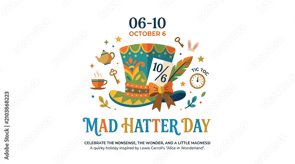 Fototapeta premium Whimsical and Colorful Mad Hatter Tea Party Hat Vector Illustration for Wonderland Themed Celebration