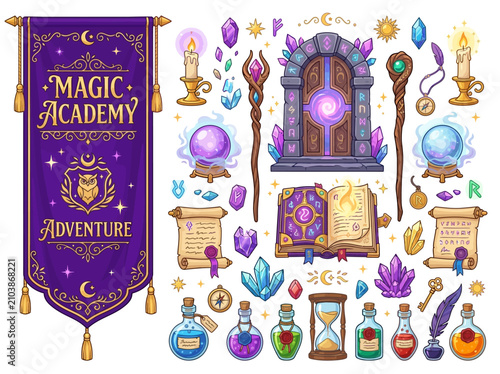 Whimsical magical academy adventure collection featuring detailed spell books, mystical potions, enchanted wands, crystal balls, ancient scrolls, and a glowing portal illustration.