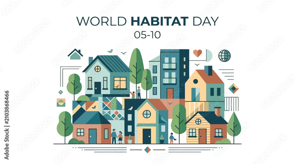 Obraz premium Modern Houses and Residential Buildings Illustration for World Habitat Day Sustainable Urban Living
