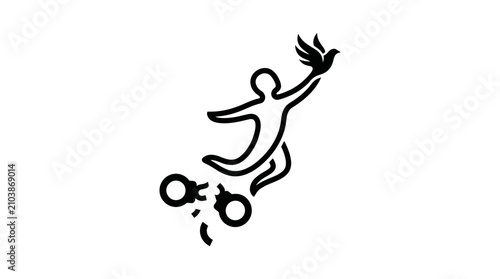 Minimalist icon of a person gaining freedom from handcuffs with a flying bird.