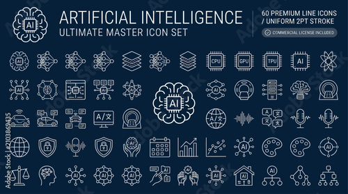 Artificial Intelligence Icons Set: A comprehensive collection of clean, line art icons representing various facets of artificial intelligence, technology, and data.