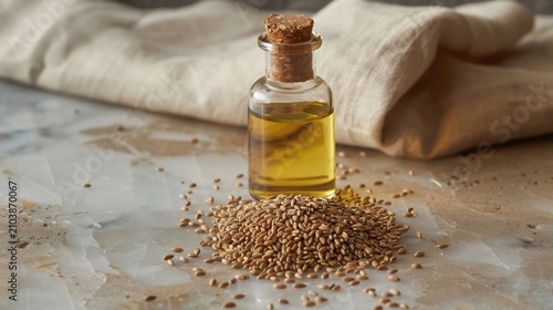 Organic Camelina Oil in Glass Bottle with Seeds