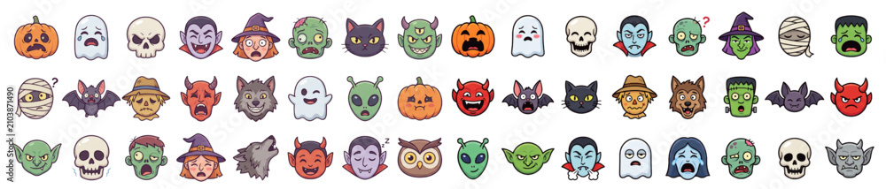 Fototapeta premium Halloween Monster Face Emoji Icon Set Vector Cartoon Collection