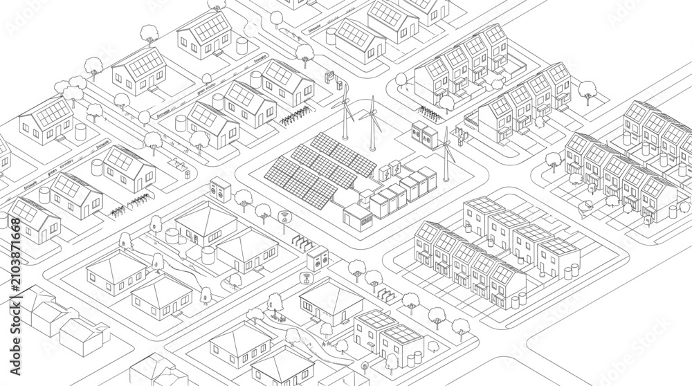 Fototapeta premium Isometric line drawing of a sustainable smart neighborhood with solar panels wind turbines and green infrastructure urban planning
