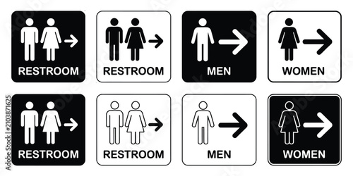 Restroom and gender specific signage icons for public facilities, bathroom identification, accessibility guidance, and wayfinding design