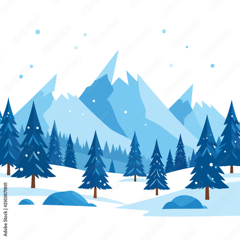 Obraz premium Winter Forest Landscape with Snowy Mountains and Evergreen Trees Flat Vector Illustration