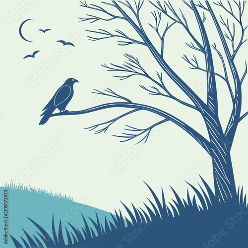 Blue bird in flight over stylized ocean waves with palm tree silhouettes flying bird tropical