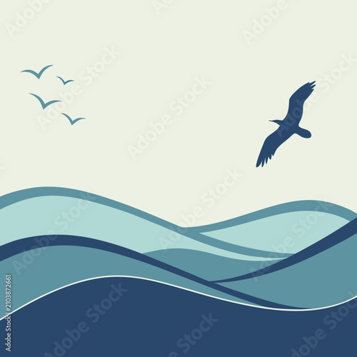 Blue mountain landscape with flying birds and wavy clouds background blue mountains sky background abstract landscape