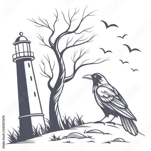 Blue lighthouse with stormy waves and flying seabirds in monochrome stormy sea