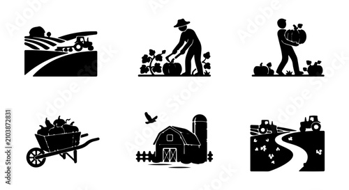Foto Farm Harvest Icons, Agriculture Vector Set, Farmer and Tractor Scenes, Rural Lif
