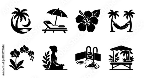 Bild auf Leinwand Tropical Vacation Icons: Beach, Relaxation, and Resort Elements Set