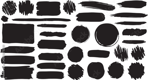 Foto Black Hand-Drawn Brush Strokes and Scribble Shapes On White