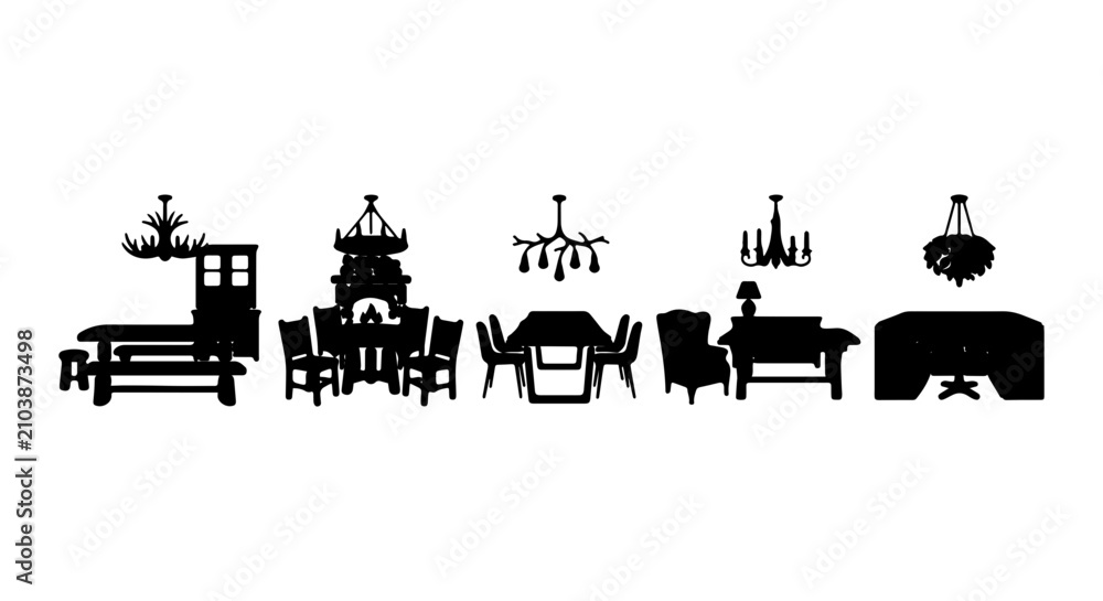 Fototapeta premium Elegant Dining Room Furniture Silhouettes, Classic Chandeliers, Vector Set for Interior Design