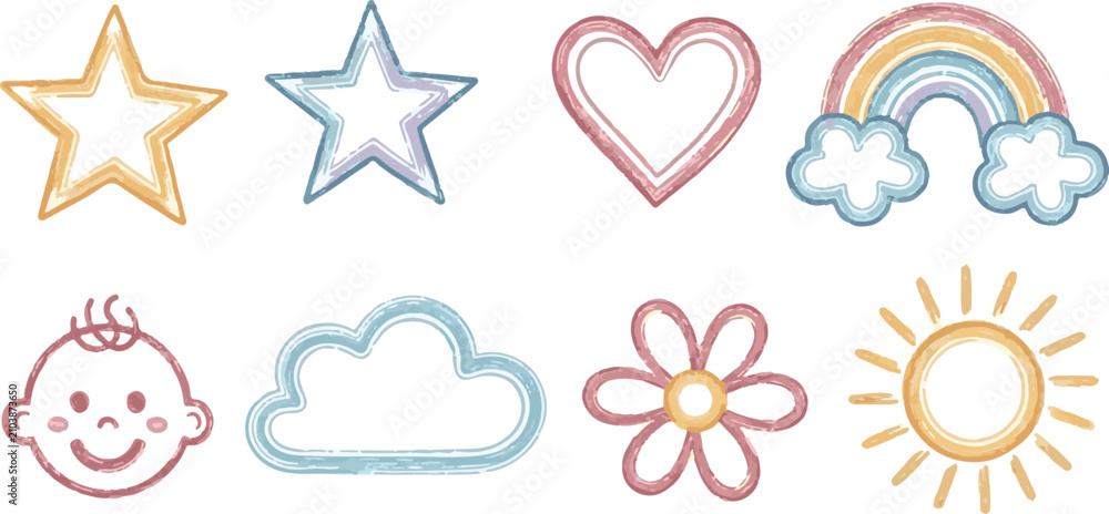 Fototapeta premium Pastel-Colored Baby and Nursery Crayon Doodle Icons On White