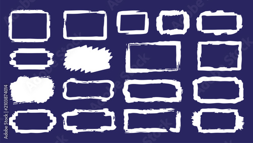 Quadro su tela A comprehensive collection of white hand-drawn geometric frames, rectangular borders, badge outlines, and distressed chalk-like scribble boxes isolated on a solid dark blue background