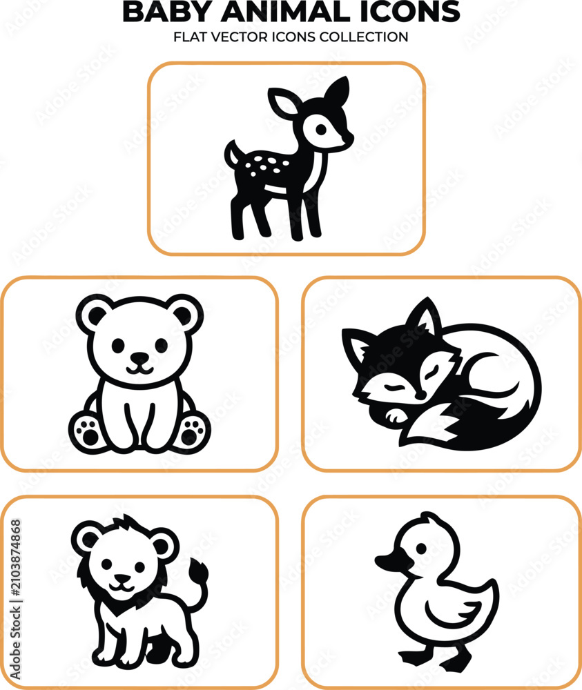 Fototapeta premium A striking assortment of cute baby animal vector icons featuring a fawn, bear cub, fox, lion cub, and a small duckling.