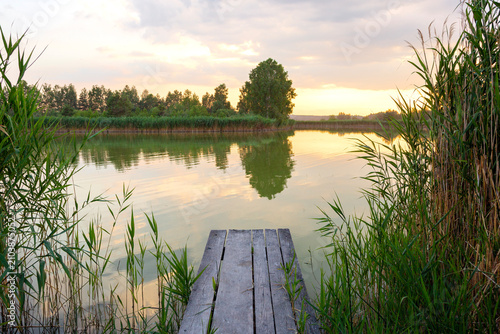 Quadro su tela A calm stretch of water with a old wooden pier, reeds, and the mirror-like reflection of trees