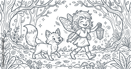 Abstract Fairy and Fox Adventure: A whimsical illustration of a smiling fairy with delicate wings and a fox companion holding a lantern, walking through a magical forest setting.