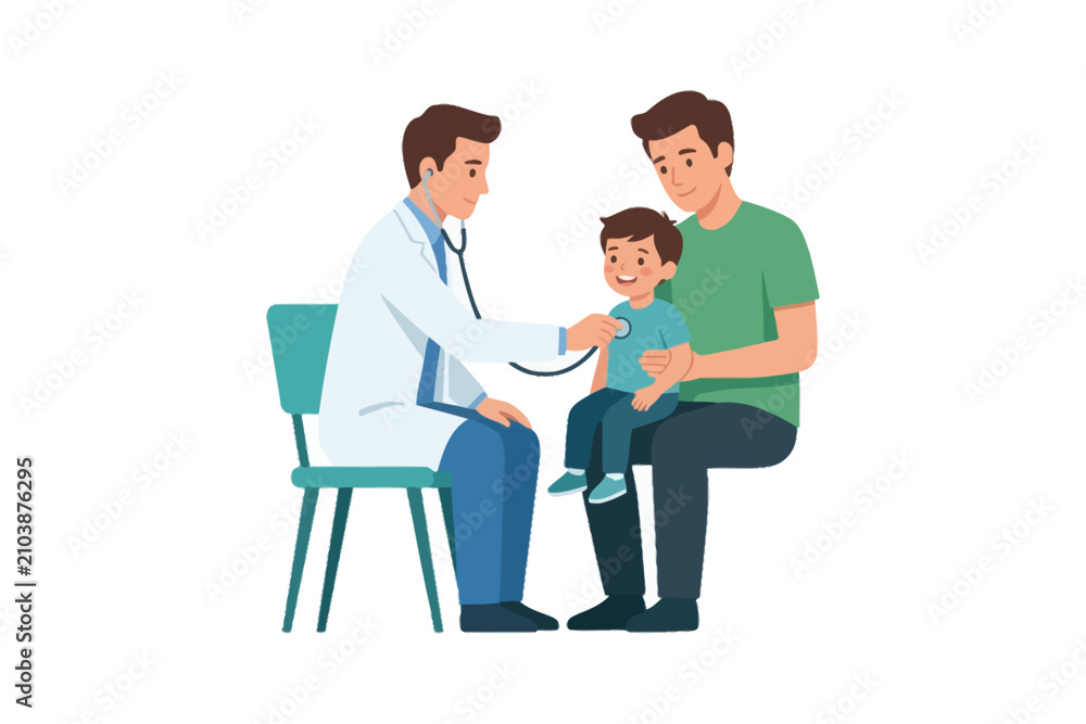 Fototapeta premium Pediatrician examining boy with stethoscope and father present
