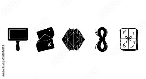Bild auf Leinwand Hand-Drawn Icons: Gift Box, Paper Fortune Teller, Signboard, Rope, Folded Paper