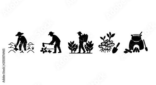 Obraz na płótnie Farming Icons, Agricultural Process Vector Set, Rural Life Silhouette Collection