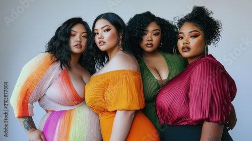Four diverse plus-size women in colorful dresses, posing confidently against a gray background.