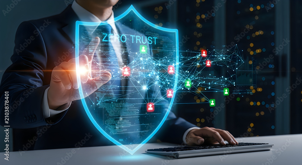 Fototapeta premium Business professional interacting with a glowing digital shield interface representing modern zero trust network security protocols