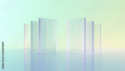 3d render, abstract geometric background, translucent glass with colorful gradient, simple flat square shapes 