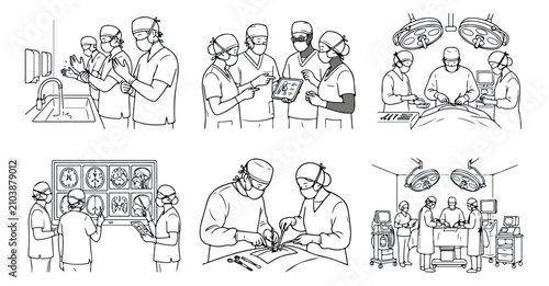 Medical surgery line art illustrations, set of 6 vector scenes with surgeons in operating room, professional healthcare team performing surgical procedures