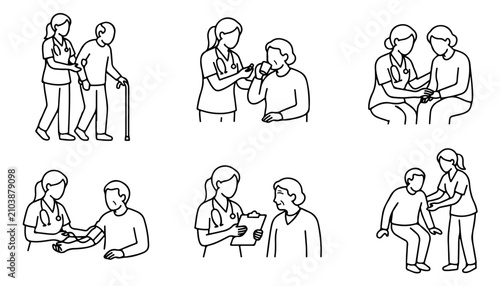 Elderly care line art icons set, nurse assisting senior patients in hospital, medical home care services vector illustrations for healthcare