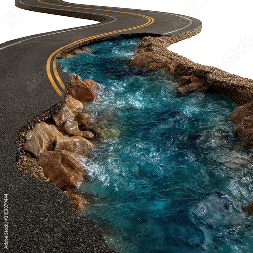 Flood Damaged Road with River Breaking Through Asphalt – Climate Change and Infrastructure Concept